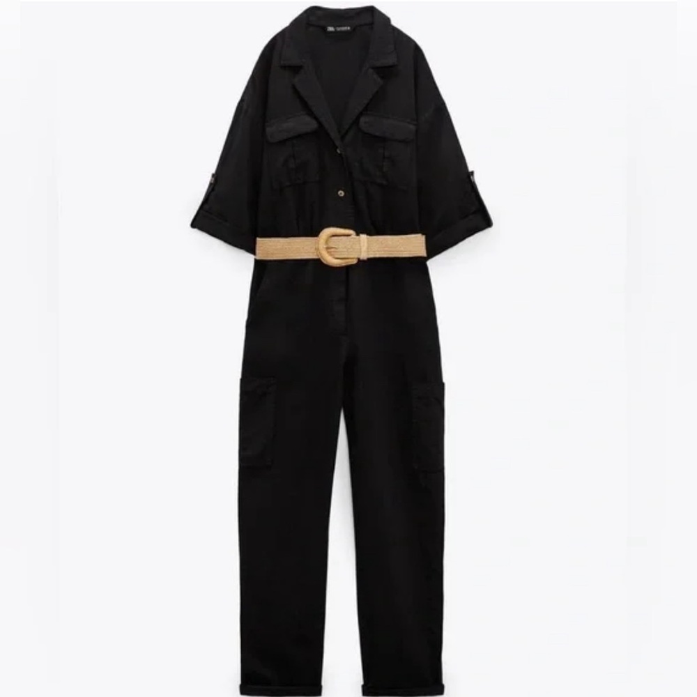NWT ZARA BLACK BELTED LINEN COTTON BLEND JUMPSUIT. COLOR BLACK. SIZE SMALL .